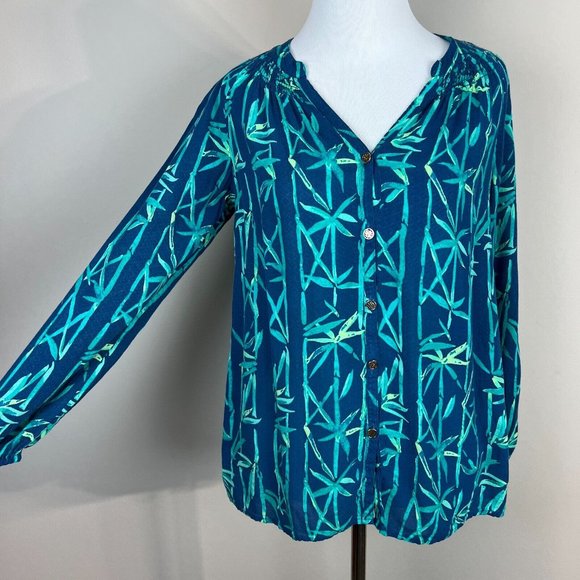 Lilly Pulitzer Top XS Blue Button Up V-Neck Long Sleeve Tropical Elsa - Picture 4 of 14